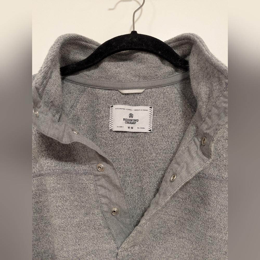 Reigning Champ Mélange Loopback 1/2 Half-Placket Snap Button Heathered Grey M - Picture 14 of 14